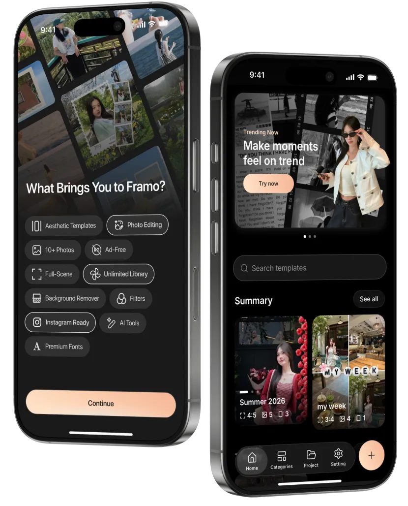 Two phones showing the FRAMO onboarding and home screens